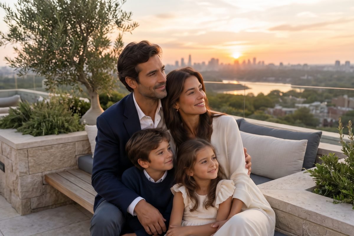 Empresário com a esposa e os dois filhos no terraço de casa, ao fim da tarde